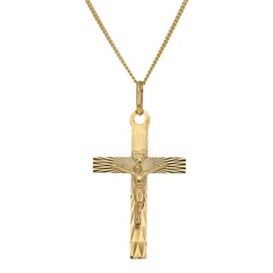 New 9ct Yellow Gold Sunray Crucifix Pendant & 20" Necklace