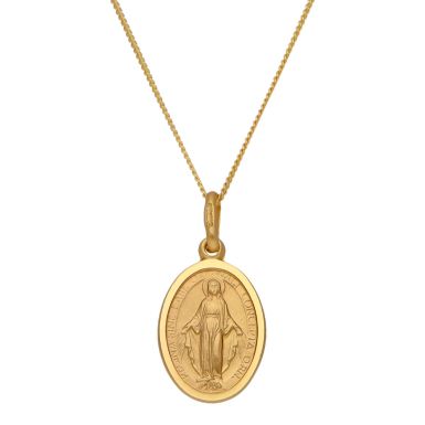 New 9ct Yellow Gold Oval Miraculous Medal Pendant & 18" Necklace