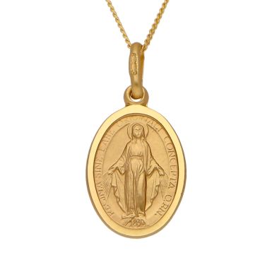New 9ct Yellow Gold Oval Miraculous Medal Pendant & 18" Necklace