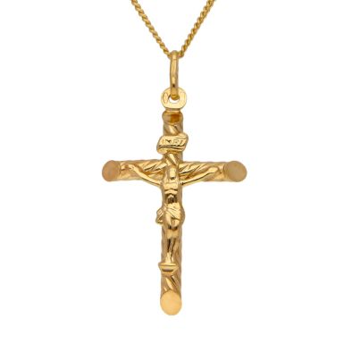 New 9ct Yellow Gold Twist Pattern Crucifix & 24" Curb Necklace