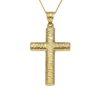 New 9ct Yellow Gold Barked Cross & 20" Curb Chain Necklace