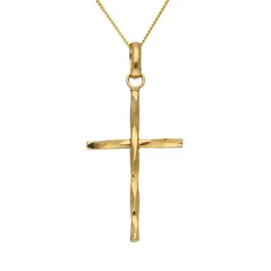 New 9ct Yellow Gold Twisted Cross Pendant & 18" Chain Necklace