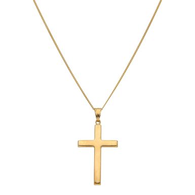 New 9ct Yellow Gold Plain Cross Pendant & 22"Curb Chain Necklace