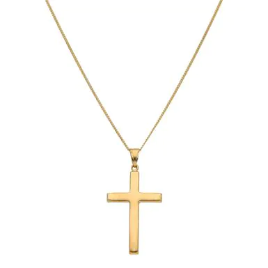 New 9ct Yellow Gold Plain Cross Pendant & 22"Curb Chain Necklace