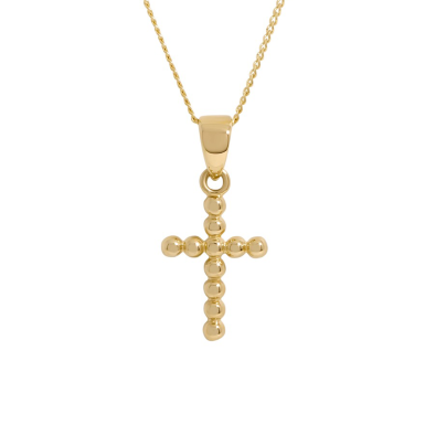 New 9ct Yellow Gold Beaded Cross Pendant & 18" Necklace