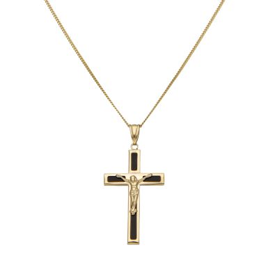 New 9ct Yellow Gold & Black Enamel Crucifix & 22" Chain Necklace