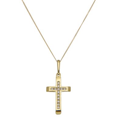 New 9ct Yellow Gold Cubic Zirconia Cross Pendant & 20" Necklace