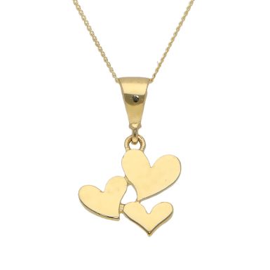 New 9ct Yellow Gold Triple Heart Pendant & 18" Chain Necklace