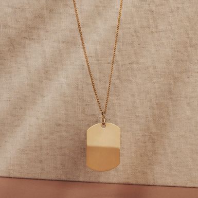 New 9ct Yellow Gold Single Dog Tag Pendant & 24" Curb Necklace