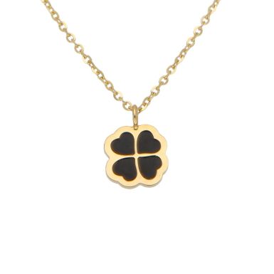 New 9ct Yellow Gold 16" Black Onyx Clover Petal Necklace