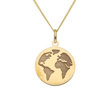 New 9ct Yellow Gold World Map Disc Pendant & 18" Necklace