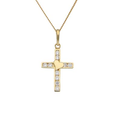 New 9ct Gold Cubic Zirconia Heart Cross Pendant & 18" Necklace