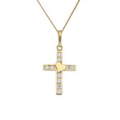New 9ct Gold Cubic Zirconia Heart Cross Pendant & 18" Necklace