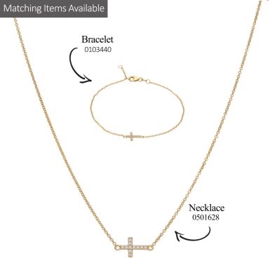 New 9ct Gold Cubic Zirconia Sideways Resurrection Cross Necklace and Bracelet Set 