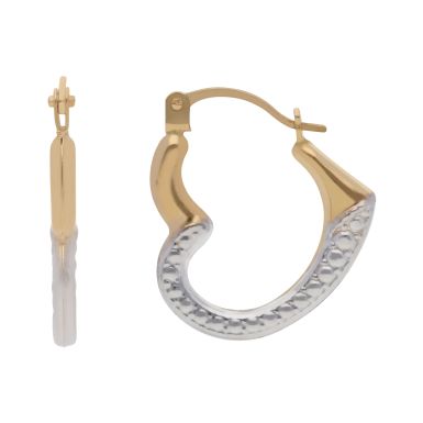 New 9ct Yellow & White Gold Heart Shaped Creole Hoop Earrings