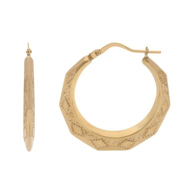 New 9ct Yellow Gold Round Patterned Creole Hoop Earrings