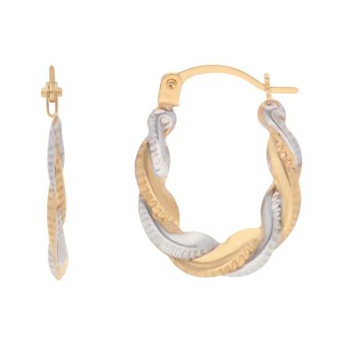 New 9ct Yellow & White Gold Small Twist Oval Creole Earrings