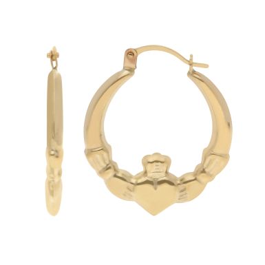 New 9ct Yellow Gold Claddagh Design Creole Hoop Earrings