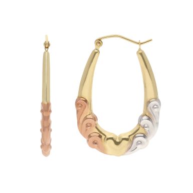New 9ct Yellow Rose & White Gold Heart Patterned Creole Earrings