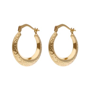 New 9ct Yellow Gold Scroll Patterned Creole Earrings