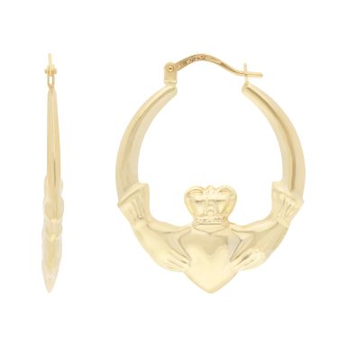 New 9ct Yellow Gold Claddagh Creole Hoop Earrings