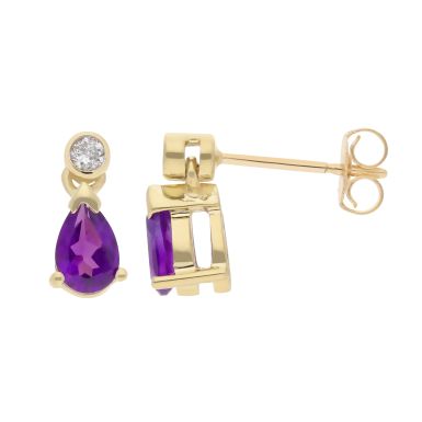 New 9ct Yellow Gold Amethyst & Diamond Drop Earrings