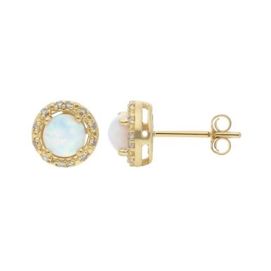 New 9ct Yellow Gold Cultured Opal & Diamond Halo Stud Earrings