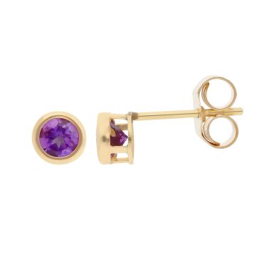 New 9ct Yellow Gold Round Amethyst Stud Earrings