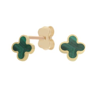 New 9ct Yellow Gold Malachite Clover Petal Stud Earrings