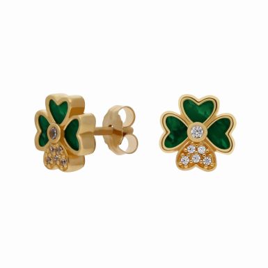 New 9ct Gold Synthetic Malachite Shamrock Clover Stud Earrings