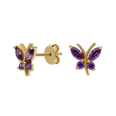 New 9ct Gold Purple Cubic Zirconia Butterfly Stud Earrings
