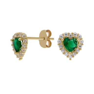 New 9ct Gold Green & White Cubic Zirconia Heart Stud Earrings