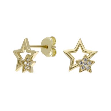 New 9ct Yellow Gold Cubic Zirconia Set Double Star Stud Earrings