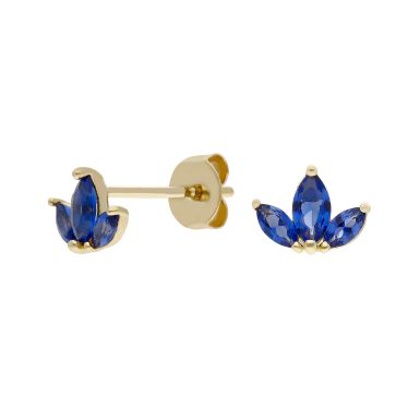 New 9ct Yellow Gold Blue Cubic Zirconia Trilogy Stud Earrings