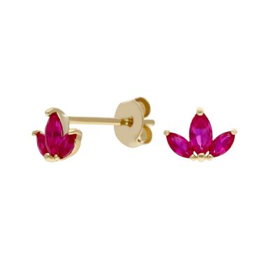 New 9ct Yellow Gold Red Cubic Zirconia Trilogy Stud Earrings
