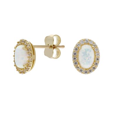 New 9ct Gold Synthetic Opal & Cubic Zirconia Halo Stud Earrings