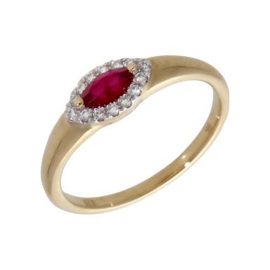 New 9ct Yellow Gold Ruby & Diamond Halo Marquise Cluster Ring