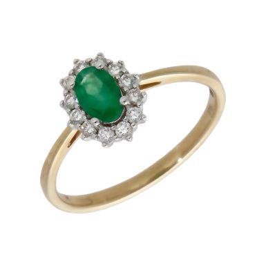 New 9ct Yellow Gold Emerald & Diamond Oval Cluster Ring