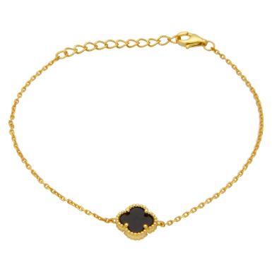 New Gold Plated Silver 7" Black Onyx Clover Petal Bracelet