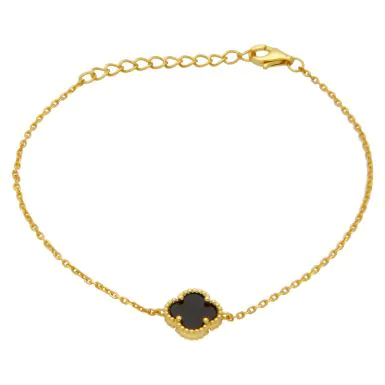 New Gold Plated Silver 7" Black Onyx Clover Petal Bracelet