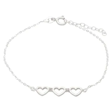 New Sterling Silver Cubic Zirconia Triple Ladies Heart Bracelet