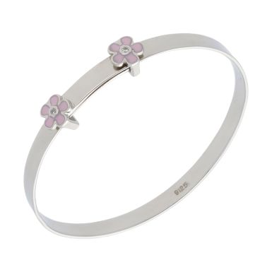 New Silver Pink Enamel & Stone Set Flower Expanding Bangle