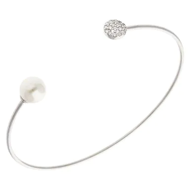 New Sterling Silver Cubic Zirconia Circle & Pearl Torque Bangle