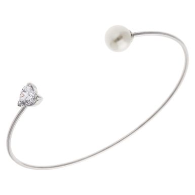 New Sterling Silver Cubic Zirconia Heart & Pearl Torque Bangle