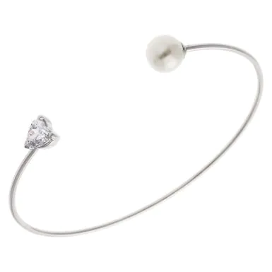 New Sterling Silver Cubic Zirconia Heart & Pearl Torque Bangle