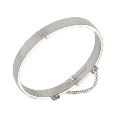 New Sterling Silver Childs Solid Hinged Bangle & Safety Chain