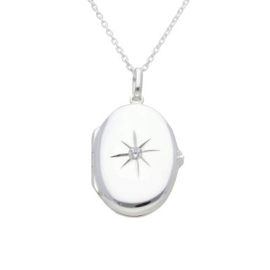 New Sterling Silver Gem Set Oval Locket & 18" Chain Necklace
