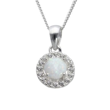 New Sterling Silver Cultured Opal Halo Pendant & 18" Necklace