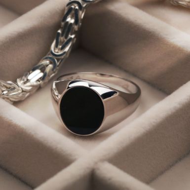 New Sterling Silver Oval Black Onyx Signet Ring