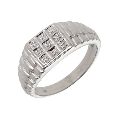 New Sterling Silver Diamond Set Square Gents Ring